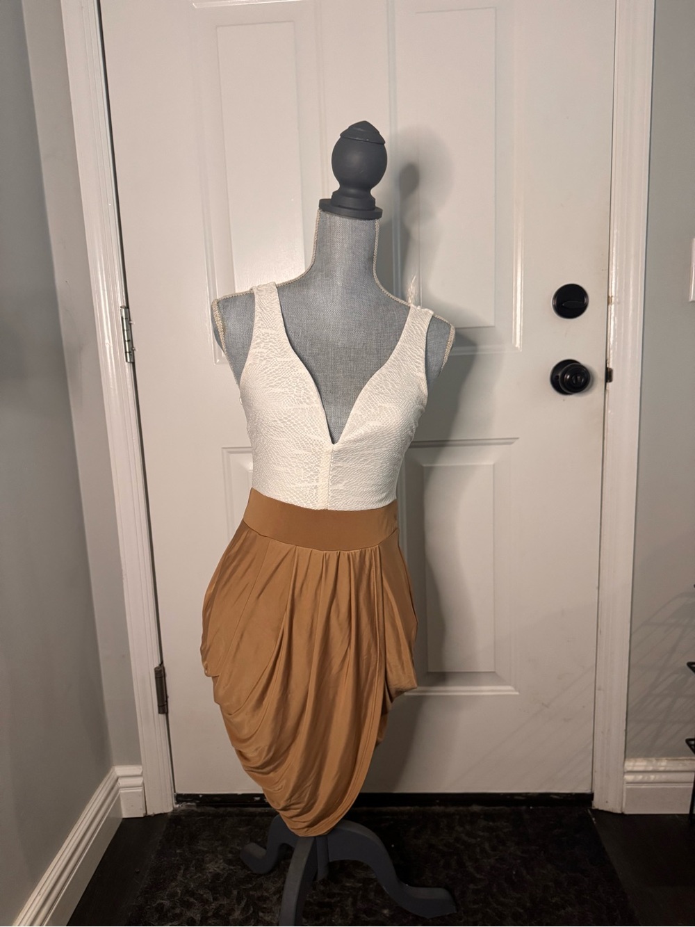 UK2LA White Textured Bodice with Tan Asymmetrical Draped Skirt